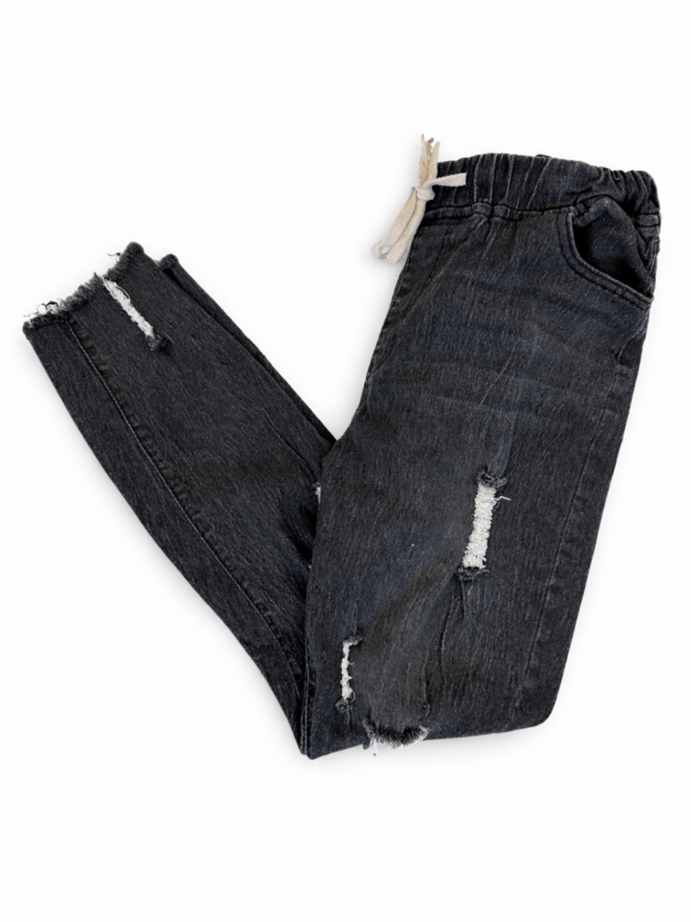 Distressed Black Jogger Jeans Size XL Drawstring Waist Raw Hem Denim Pants